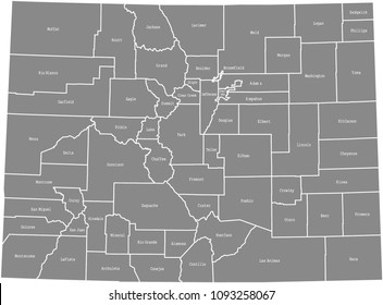 Colorado county map vector outline gray background. Colorado state of United States of America, USA, county map with counties names labeled and highly detailed borders