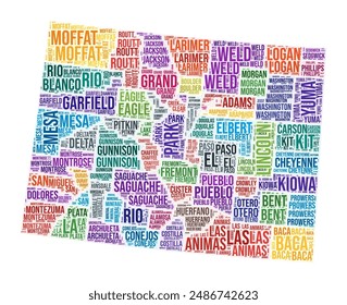 Colorado county word cloud. State shape design. Colorado colored illustration. County names collage cloud. Vector illustration.