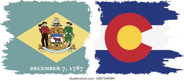 Colorado and Delaware states grunge brush flags connection, vector