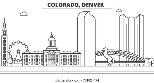 Colorado, Denver architecture line skyline illustration. Linear vector cityscape with famous landmarks, city sights, design icons. Landscape wtih editable strokes