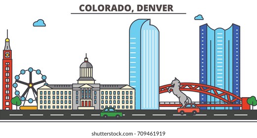 Colorado, Denver.City skyline: architecture, buildings, streets, silhouette, landscape, panorama, landmarks, icons. Editable strokes. Flat design line vector illustration concept.