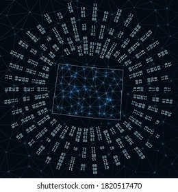Colorado digital map. Binary rays radiating around glowing US state. Internet connections and data exchange design. Vector illustration.