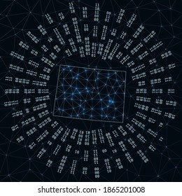 Colorado digital map. Binary rays radiating around glowing US state. Internet connections and data exchange design. Vector illustration.