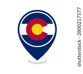 Colorado flag and map pointer icon. Colorado national flag location icon vector.