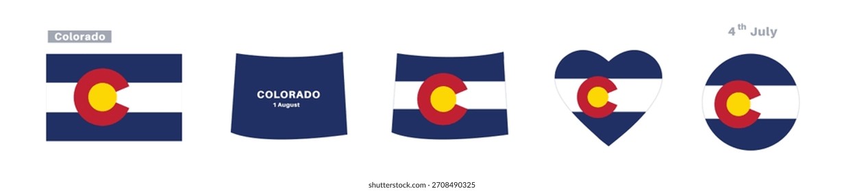 Colorado-Flagge und Kartensatz. Amerikanische Staatsflaggen in offiziellen Farben und Proportionen. Colorado 1. August Feiern, Karten, Kreise und Herzen.