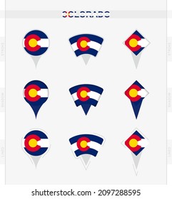 Colorado flag, set of location pin icons of Colorado flag. Vector illustration of national symbols.