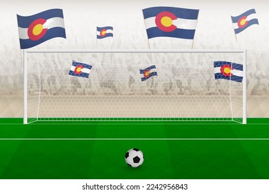 Colorado football team fans with flags of Colorado cheering on stadium, penalty kick concept in a soccer match. Sports vector illustration.