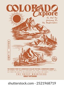 Colorado hand drawn mountain print vector print. Great Outdoors. sunset mountain print design. adventure outdoors vector. hand drawn mountain. vintage retro hill with lake and pain tree