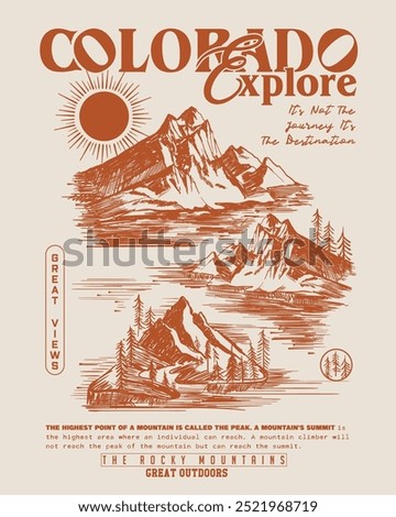 Colorado hand drawn mountain print vector print. Great Outdoors. sunset mountain print design. adventure outdoors vector. hand drawn mountain. vintage retro hill with lake and pain tree