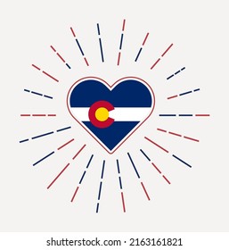 Colorado heart with flag of the us state. Sunburst around Colorado heart sign. Vector illustration.