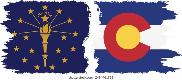 Colorado and Indiana states grunge brush flags connection, vector