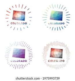 Colorado low poly sunburst set. Logo of US state in geometric polygonal style. Vector illustration.