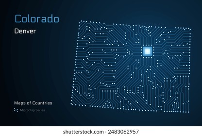 Colorado Map with a capital of Denver Shown in a Microchip Pattern. Silicon valley, E-government. United States vector maps. Microchip Series