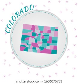 Colorado map design. Map of the us state with regions in emerald-amethyst color palette. Rounded travel to Colorado poster with us state name and airplanes background. Captivating vector illustration.