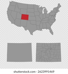 Colorado map set with USA location, clean outline, and full county breakdown.