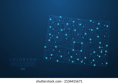 Colorado Map - United States of America Map vector with Abstract futuristic circuit board. High-tech technology mash line and point scales on dark background - Vector illustration ep 10