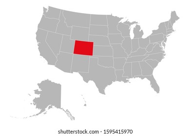 Colorado marked red color on USA map. Gray background. USA political map.