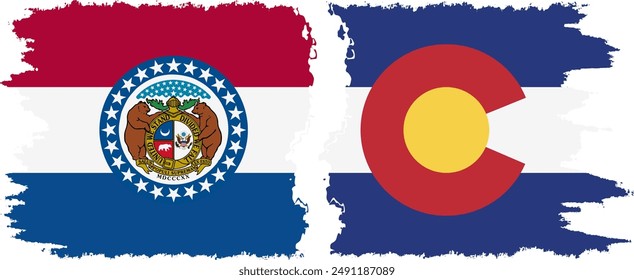 Colorado and Missouri states grunge brush flags connection, vector
