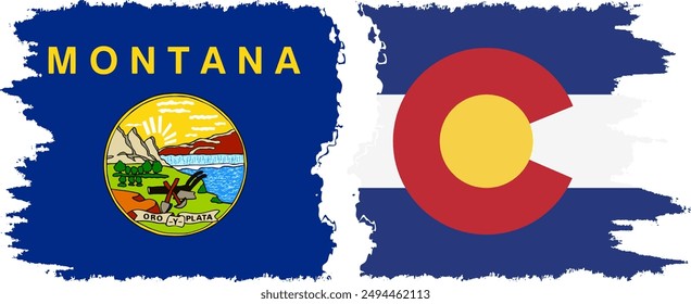 Colorado and Montana states grunge brush flags connection, vector