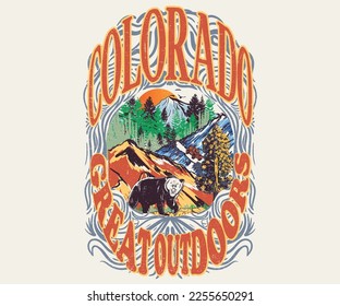 Colorado mountain adventure retro print design for t shirt and others. Great outdoors graphic artwork for sticker, poster, background. Animal, bear artwork.