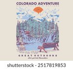 Colorado mountain adventure time vector print design. Find the way. Adventure is calling. Outdoor adventure graphic print design. Mountain t-shirt artwork. Wild forest digital painting.