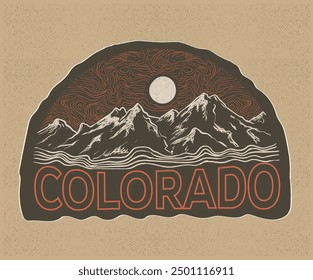 Colorado mountain. Explore the great outdoors, vector mountain with sunset. Vintage mountain graphic artwork for t shirt. Hill peak adventure vintage print design. Wood texture artwork.