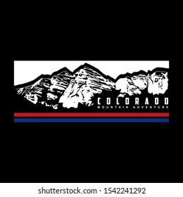 colorado mountain illustration with slogan in vector graphics for t shirt design isolated on black background