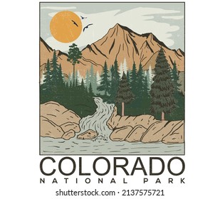 Colorado mountain lake vintage print design for t shirt and others. Mountain national park graphic artwork. 