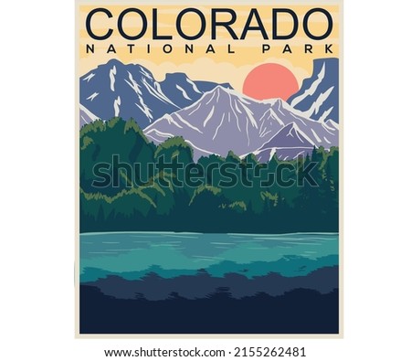 Colorado mountain vector print design. Wild lake artwork for posters, stickers, background and others. Outdoor national park vibes illustration.