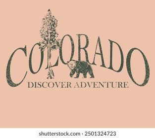 Colorado nation park. Mountain with tree retro vintage print design. the great outdoors. Bear artwork.