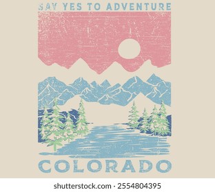 Colorado nation park. Mountain with tree retro vintage print design. the great outdoors. Adventure at the mountain graphic artwork for t shirt and others.	