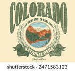 Colorado national park. Adventure at the mountain graphic artwork for t shirt and others. Mountain with tree vintage print design. Mountain with sunset and river. Life is great.