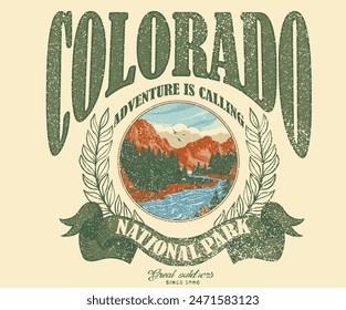 Colorado national park. Adventure at the mountain graphic artwork for t shirt and others. Mountain with tree vintage print design. Mountain with sunset and river. Life is great.