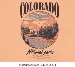 Colorado national park artwork. Mountain adventure vintage print design for t shirt. Wild lake vector artwork design.