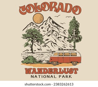 Colorado national park. Explore the great outdoors, vector mountain with sunset and river, mountain graphic artwork for t shirt and others. Mountain with tree retro vintage print design. Retro bus.