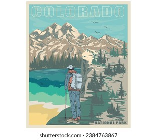 Colorado national park. Explore the great outdoors, vector mountain with sunset and river, mountain graphic artwork for t shirt and others. Mountain with tree vintage print design. Hill hiking.