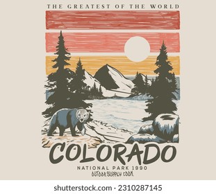 Colorado national park graphic t-shirt print design. Wild lake with bear artwork.