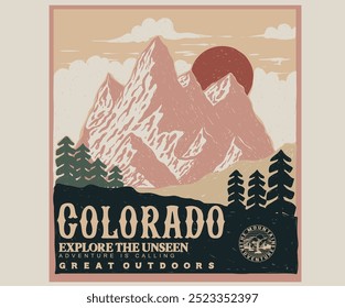 Colorado-Nationalpark. Bergsommerlager-Club. Abenteuer auf dem Berg Grafik-Artwork für T-Shirt und andere. Berg mit Baumvintage-Print-Design. Moderne Kunstmalerei.