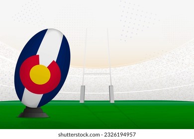 Colorado national team rugby ball on rugby stadium and goal posts, preparing for a penalty or free kick. Vector illustration.