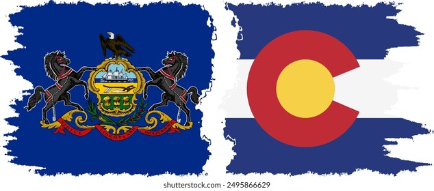 Colorado and Pennsylvania states grunge brush flags connection, vector