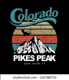 Colorado Pikes Peak Mountain illustration in retro style and colours