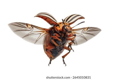 A Colorado Potato Beetle (Leptinotarsa Decemlineata) in Flight With Wings Spread, Isolated on White Background