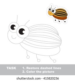 Colorado potato beetle in vector to be traced. Restore dashed line and color the picture. Trace game for children.