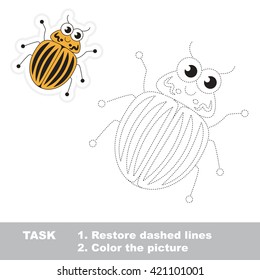 Colorado potato beetle in vector to be traced. Restore dashed line and color the picture. Trace game for children.
