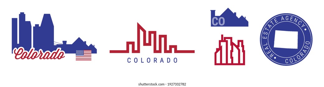 Agencia inmobiliaria de Colorado. Juego de iconos de emblema de la realeza estadounidense. Ilustración vectorial plana. Colores de la bandera estadounidense. Gran ciudad y suburbios. Mapa de silueta simple en el sello de sellado redondo.