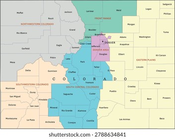 Colorado regions map with counties. Colored. Vectored