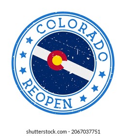 Colorado Reopening Stamp. Round badge of US State with flag of Colorado. Reopening after lockdown sign. Vector illustration.