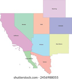 Colorado River Basin map with US 7 States (Arizona, California, Colorado, Nevada, New Mexico, Utah,Wyoming) and Mexico 2 States (Baja California, Sonora)