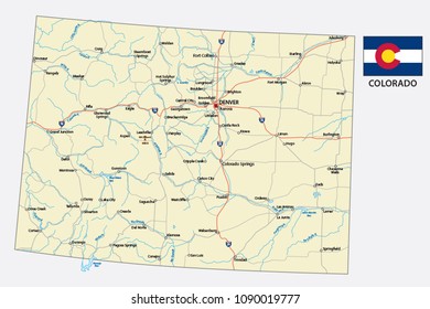 Colorado Road Vector Map With Flag