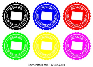 Colorado - rubber stamp - vector, Colorado (United States of America) map pattern - sticker - black, blue, green, yellow, purple and red 